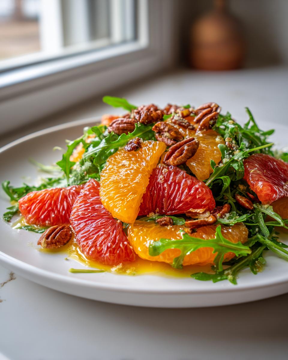 A vibrant citrus salad featuring segments of blood orange and navel orange mixed with arugula and topped with pecans.