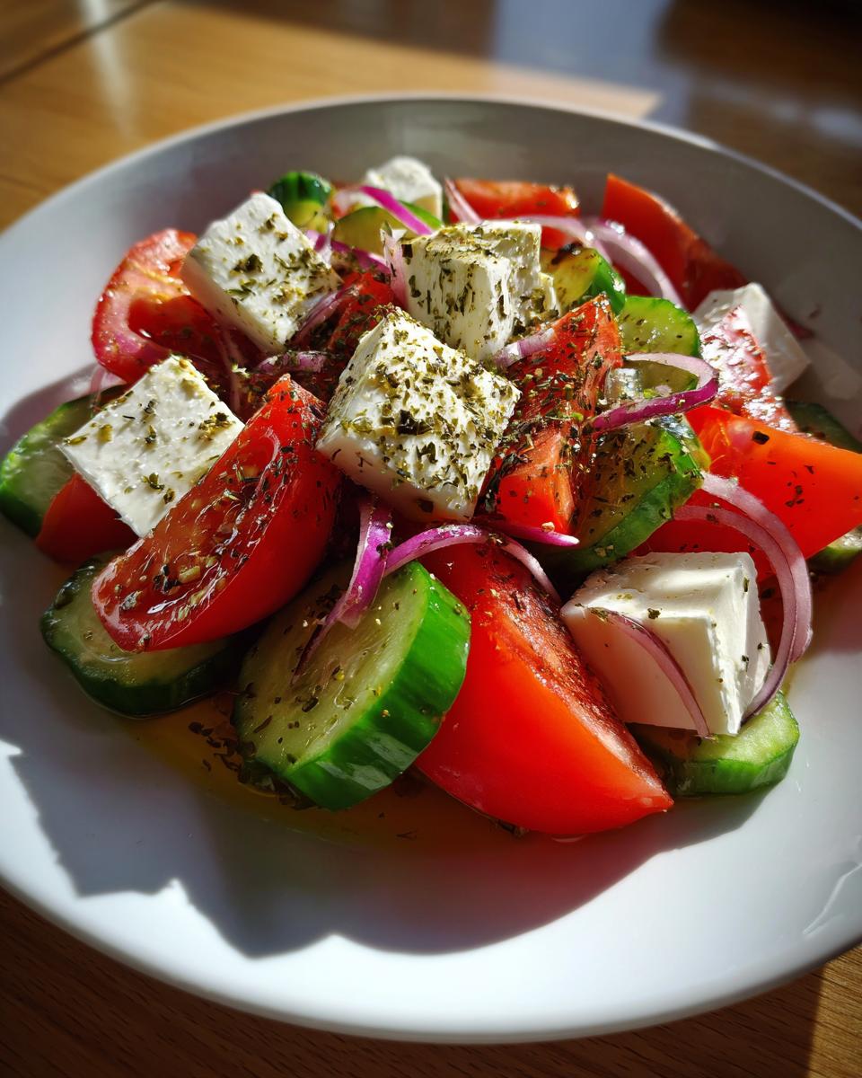 Close-up of a vibrant greek salad featuring large chunks of feta cheese, red tomatoes, cucumbers, and red onion, seasoned with herbs.