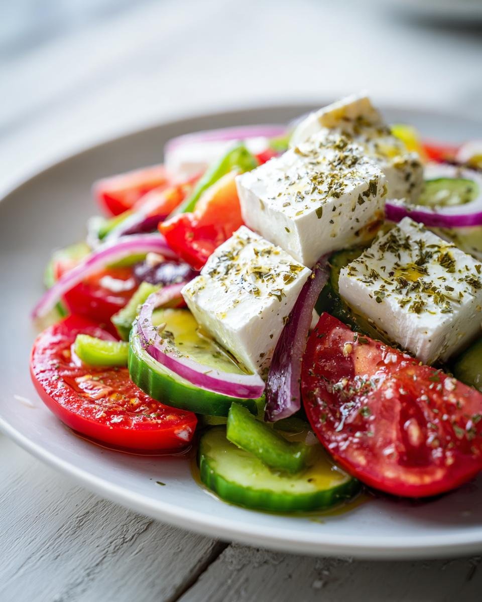 Close-up of a vibrant greek salad featuring large cubes of feta cheese sprinkled with herbs, tomatoes, cucumbers, and red onion.