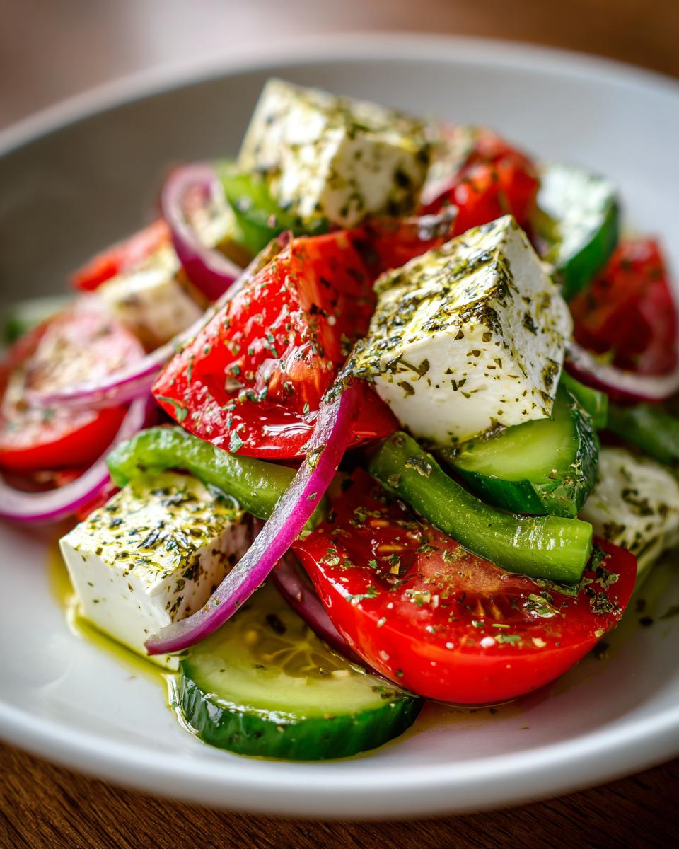 Close-up of a vibrant greek salad featuring large chunks of feta cheese, bright red tomatoes, cucumber slices, and red onion.