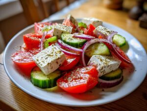 Close-up of a fresh greek salad featuring large cubes of feta cheese, sliced tomatoes, cucumbers, and red onion rings, seasoned with herbs.