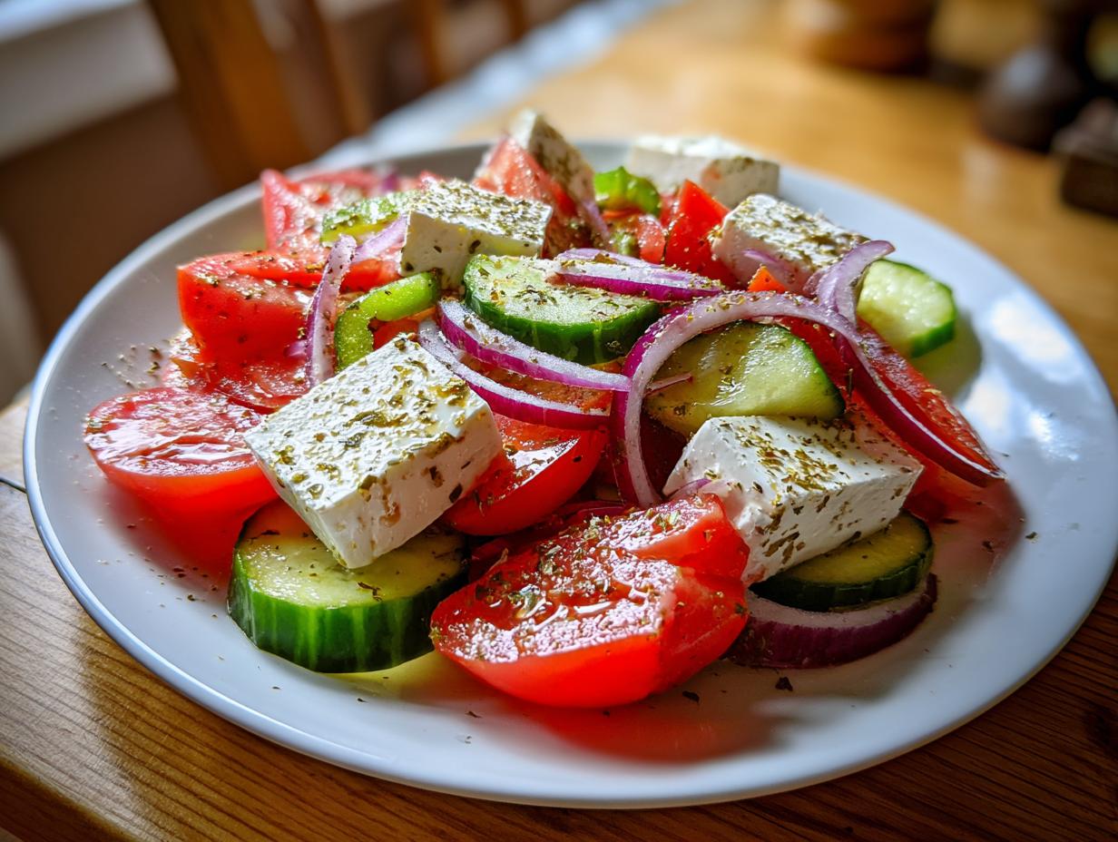 Close-up of a fresh greek salad featuring large cubes of feta cheese, sliced tomatoes, cucumbers, and red onion rings, seasoned with herbs.