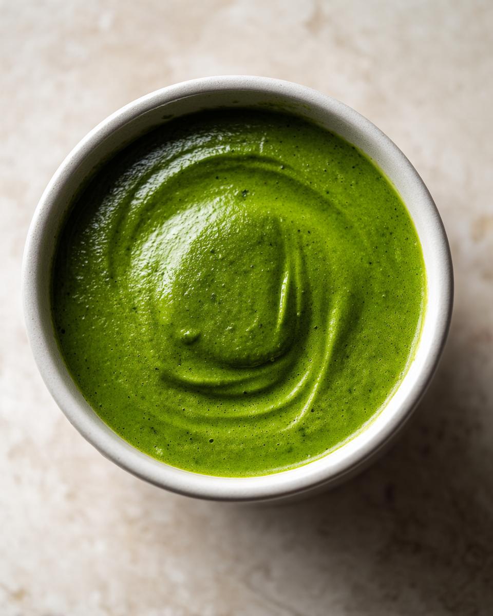 Overhead close-up of smooth, vibrant green zucchini soup swirled in a small white bowl.