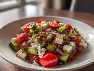 Close-up of a vibrant lentil salad featuring brown lentils, chunks of feta cheese, cucumber, and halved cherry tomatoes.