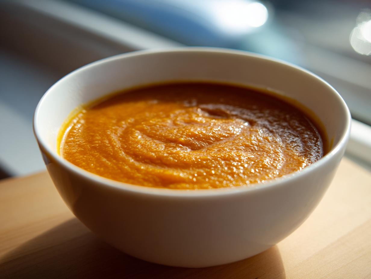 Close-up of a white bowl filled with thick, vibrant orange pumpkin soup, highlighted by natural light.