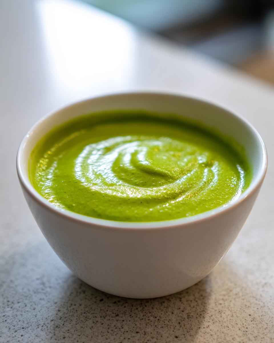 Close-up of a creamy, vibrant green zucchini soup swirled in a white bowl.