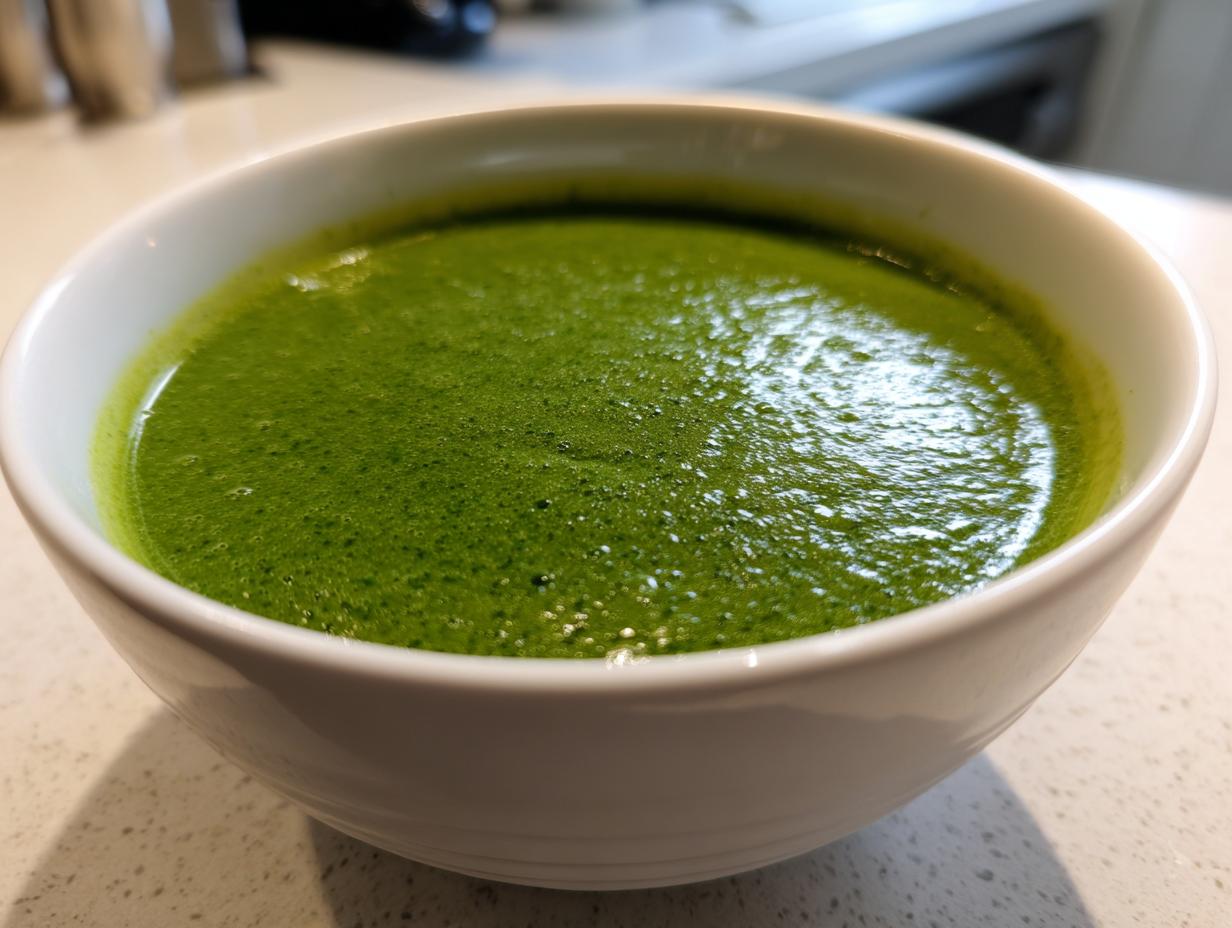 Close-up of a bowl filled with bright green, creamy zucchini soup, showcasing its smooth texture.