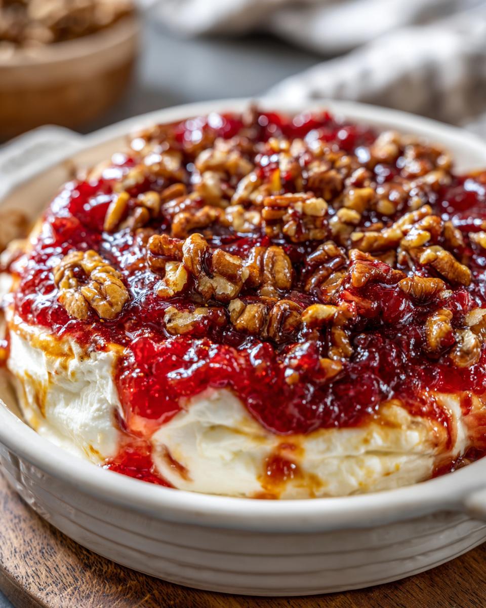 Close-up of warm pepper jelly cheese dip topped with glossy red jelly and toasted walnuts in a white dish.