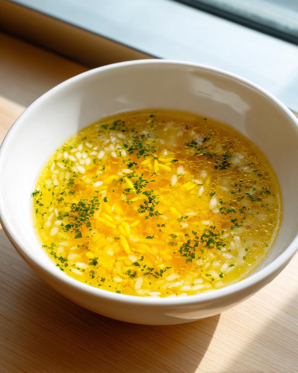 Close-up of a white bowl filled with bright yellow pastina soup, containing small pasta shapes and rice, topped with green herbs.