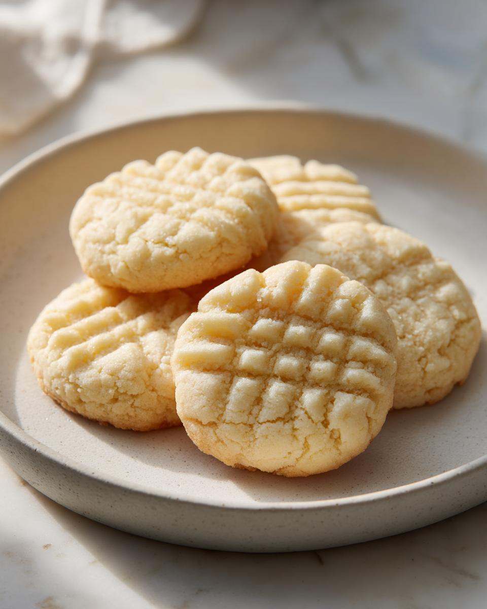 Close-up of several golden 3-ingredient butter cookies with fork marks stacked on a light gray plate.