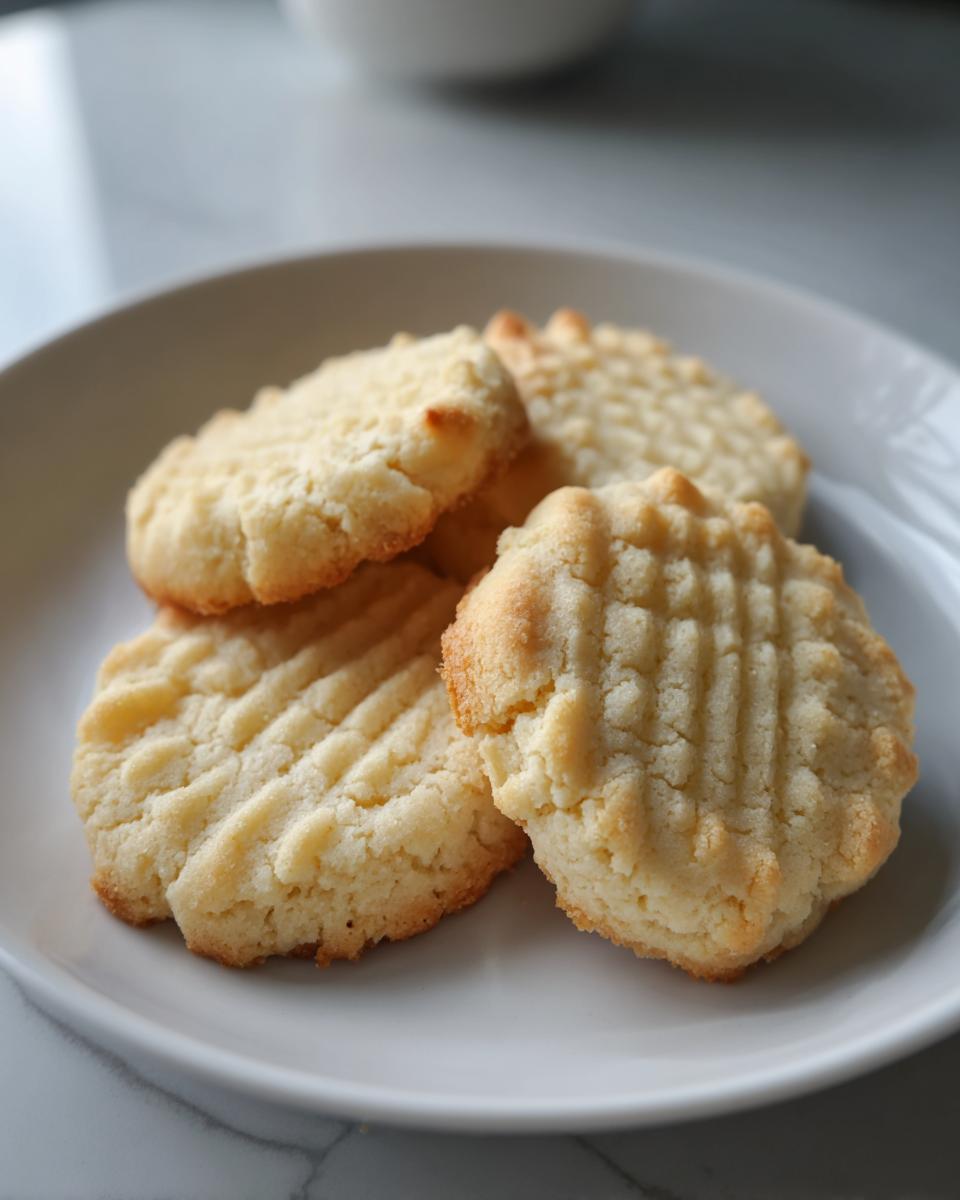 Four golden-brown, fork-pressed 3-ingredient butter cookies stacked slightly on a white plate.