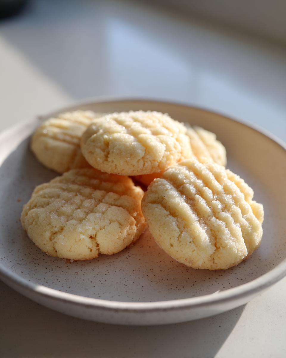 Close-up of several golden 3-ingredient butter cookies sprinkled with sugar on a speckled ceramic plate.