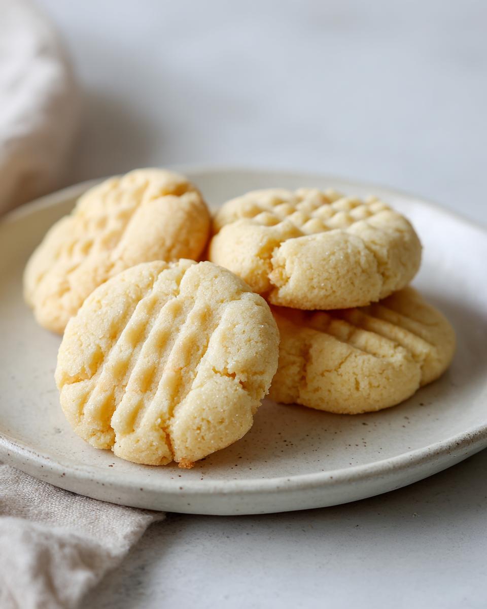 A stack of golden, fork-pressed 3-ingredient butter cookies resting on a speckled white plate.