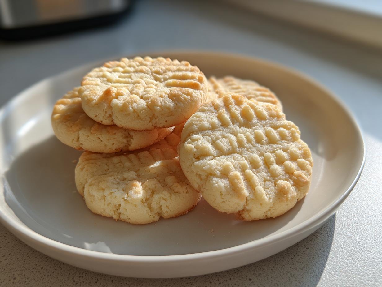 A stack of golden 3-ingredient butter cookies with fork tines pressed into the top, resting on a light beige plate.