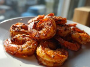 A close-up shot of perfectly cooked, seasoned air fryer frozen shrimp piled on a white plate.