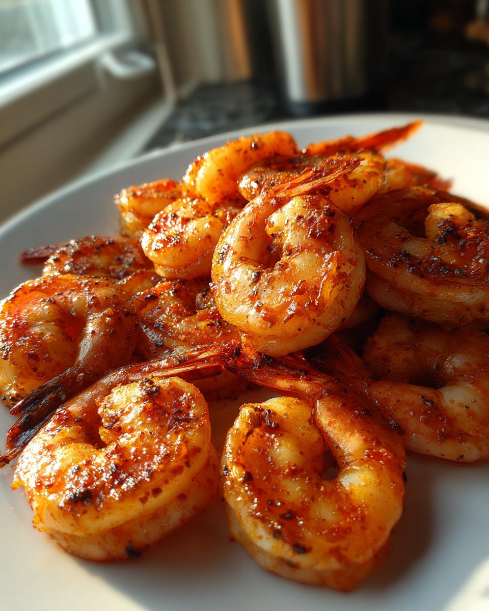 Close-up of perfectly cooked, seasoned air fryer frozen shrimp piled on a white plate.