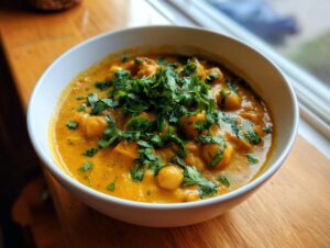 A white bowl filled with rich, orange pumpkin curry featuring chickpeas and topped generously with fresh cilantro.