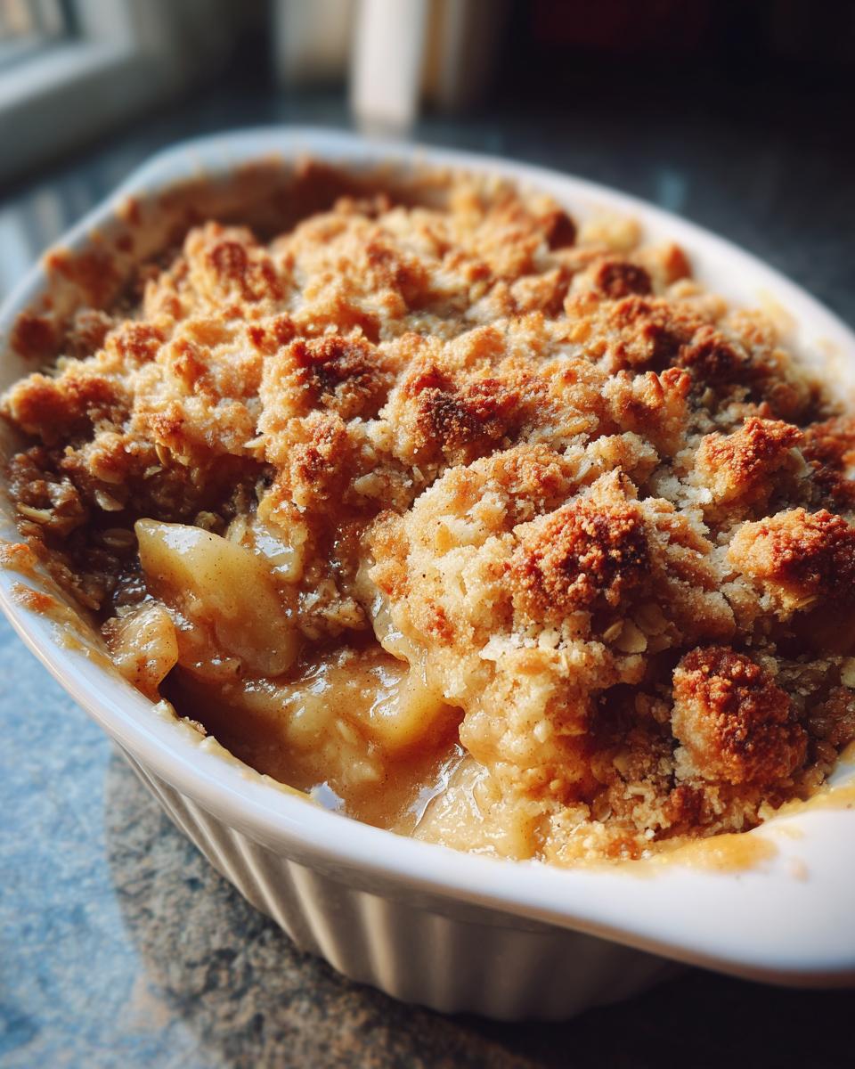 Close-up of a warm, bubbling apple crisp in a white dish, showing the golden brown, crumbly topping.