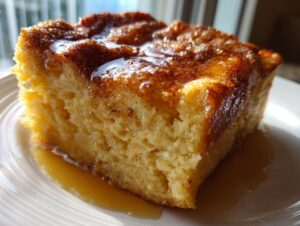 A close-up of a thick, golden slice of amazing baked french toast drizzled with syrup.