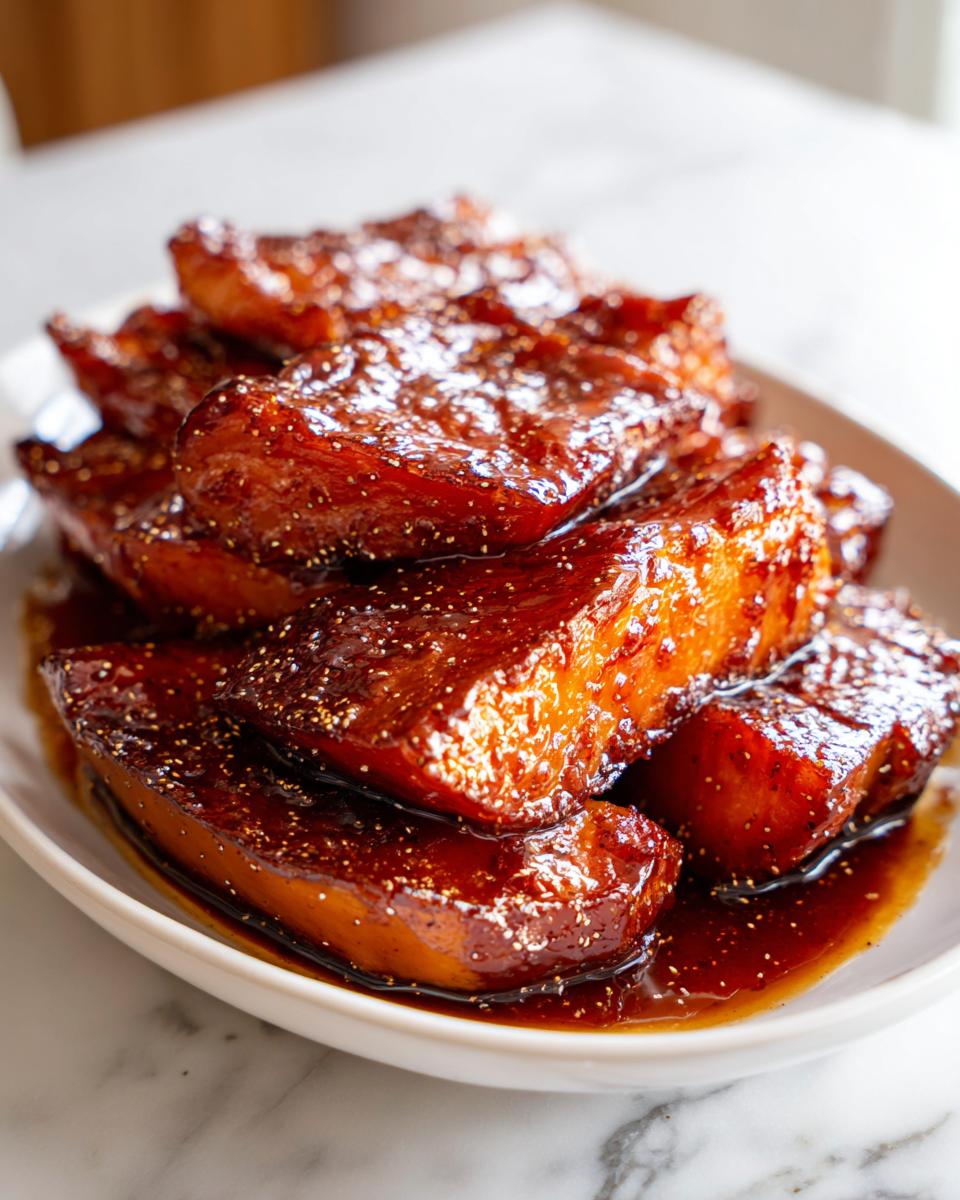A close-up of thick slices of candied yams coated in a rich, dark, glistening glaze.