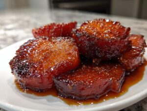 Close-up of thick, round slices of candied yams coated in a dark, shiny, caramelized glaze.