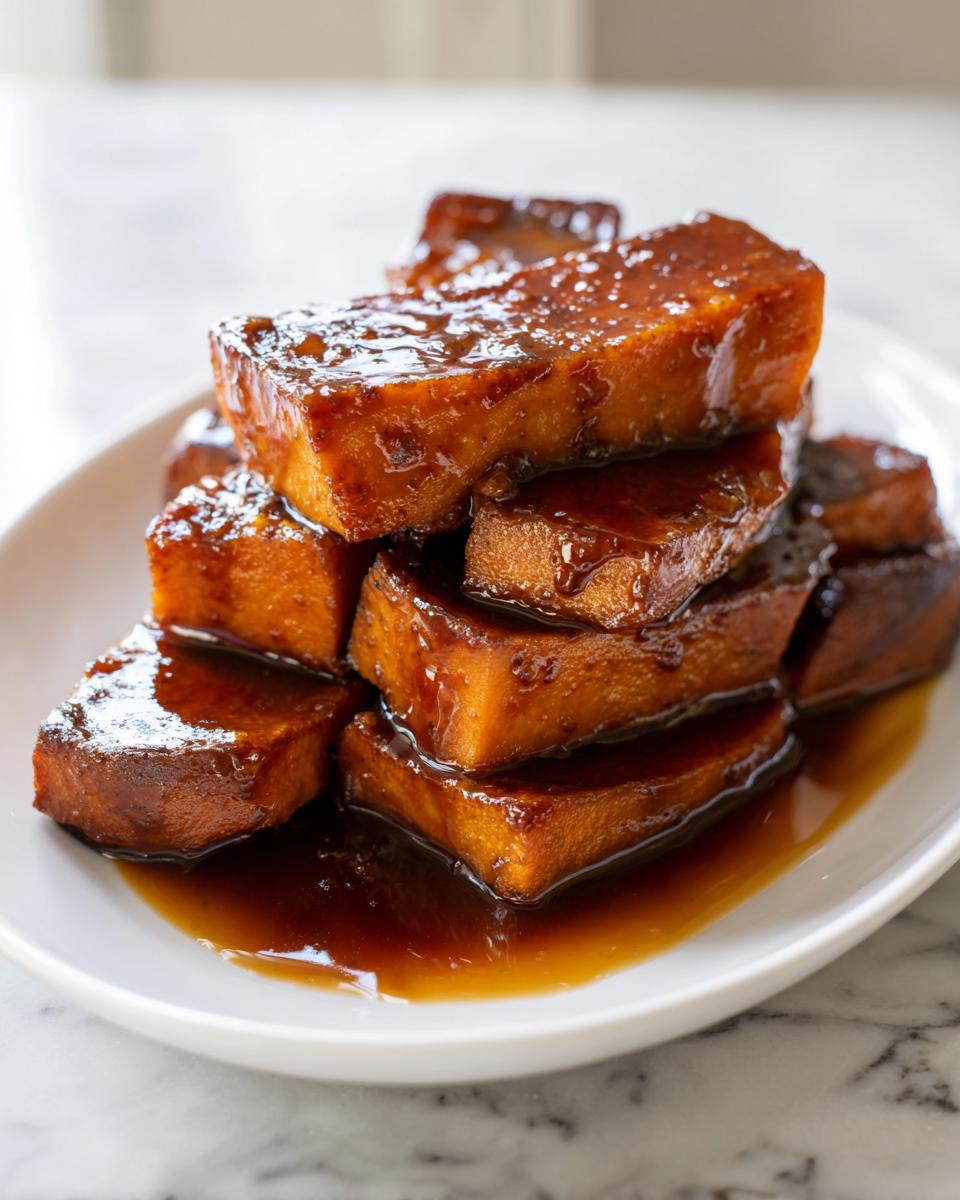 A stack of rich, glazed candied yams glistening in a sweet brown syrup on a white plate.