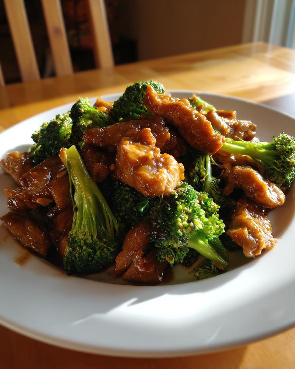 A close-up of saucy chicken and bright green broccoli served on a white plate, ready to eat.
