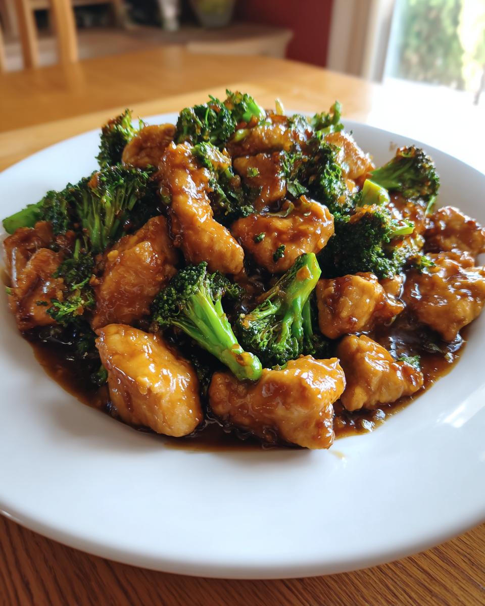 Close-up of saucy chicken and broccoli stir fry served on a white plate, highlighting the amazing chicken and broccoli.