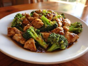 A close-up of delicious chicken and broccoli coated in a savory brown sauce, served on a white plate.