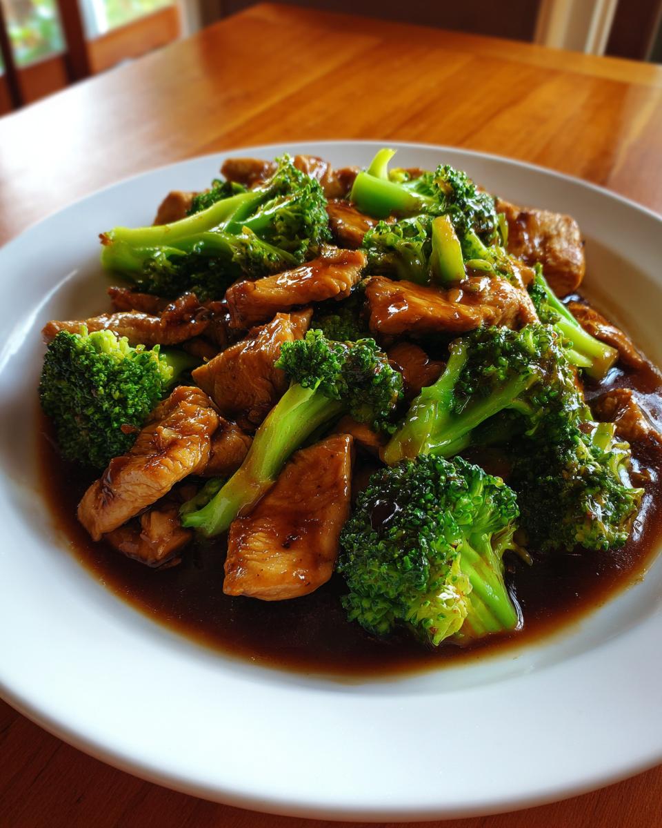 A plate of savory chicken and broccoli stir-fry coated in a rich brown sauce.