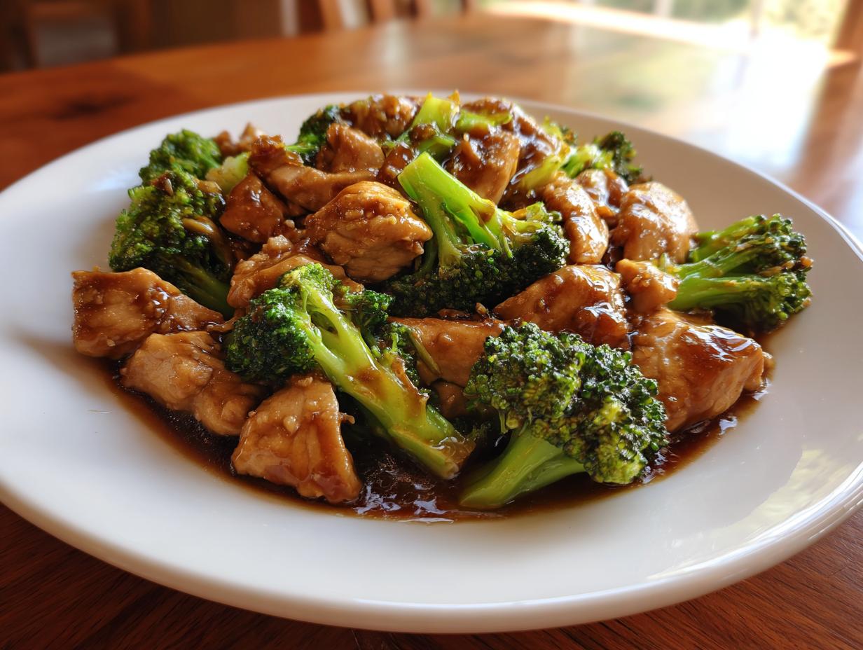 A close-up of delicious chicken and broccoli coated in a savory brown sauce, served on a white plate.