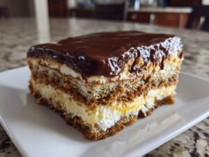 A thick slice of eclair cake showing layers of graham crackers, cream filling, and topped with rich chocolate ganache.