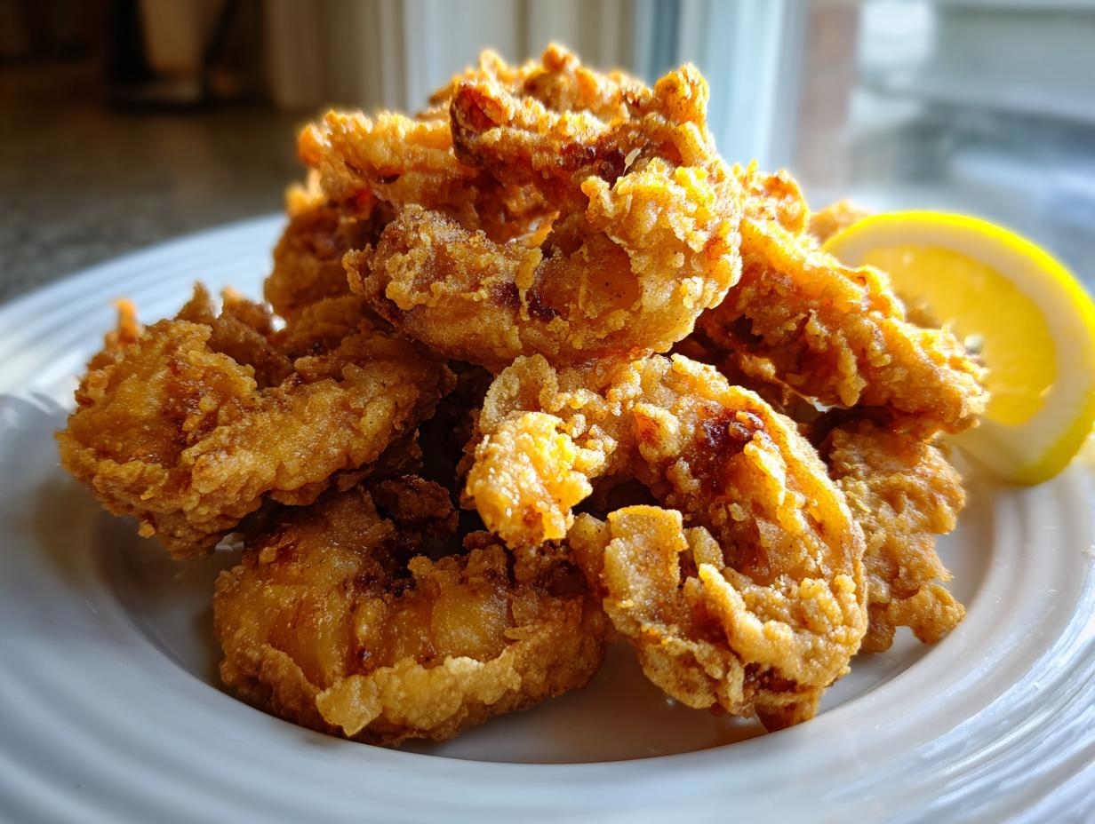 A close-up of a pile of golden brown, crispy fried shrimp served on a white plate with a lemon slice.