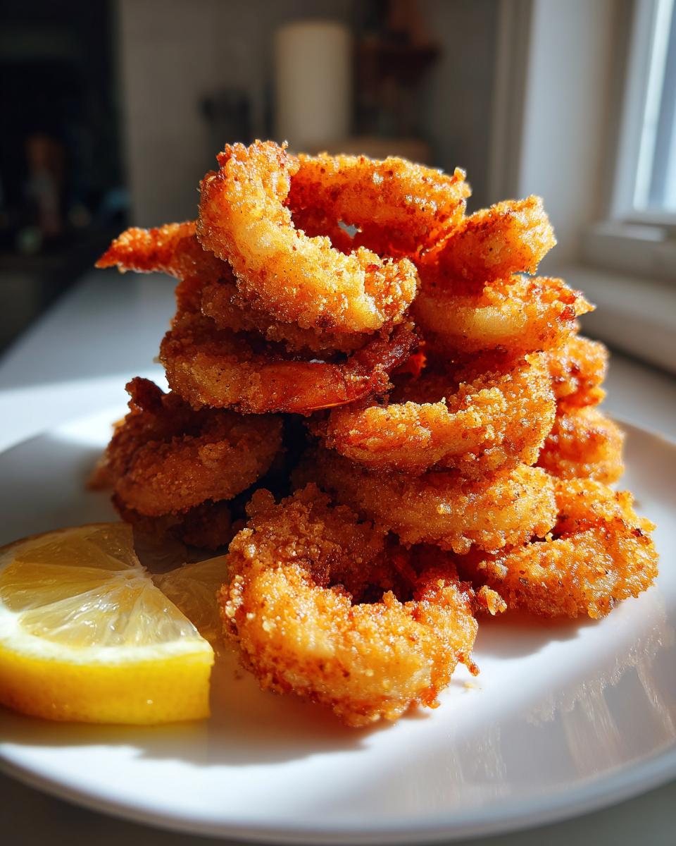 A tall stack of golden brown, perfectly seasoned fried shrimp served on a white plate with a lemon wedge.