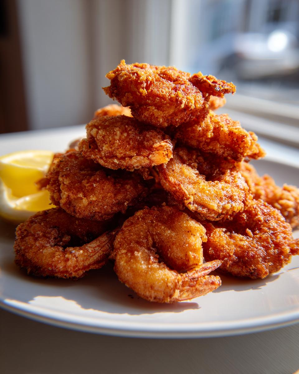 A tall stack of golden brown, crispy fried shrimp served on a white plate with a lemon wedge.