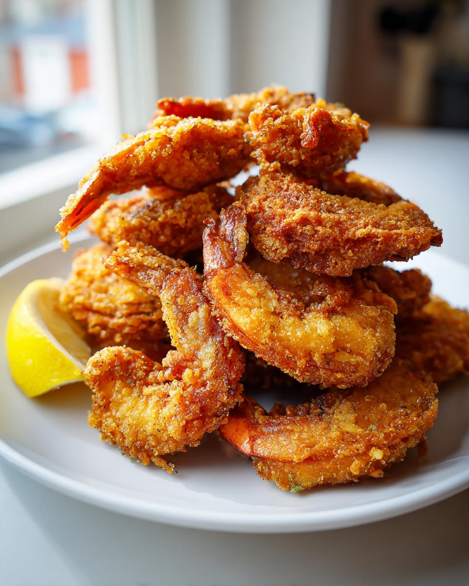 A tall stack of golden brown, crispy fried shrimp served on a white plate with a fresh lemon wedge.