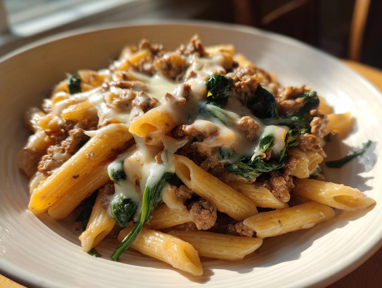 Close-up of a serving of ground turkey pasta featuring penne, browned meat, wilted spinach, and melted white cheese.