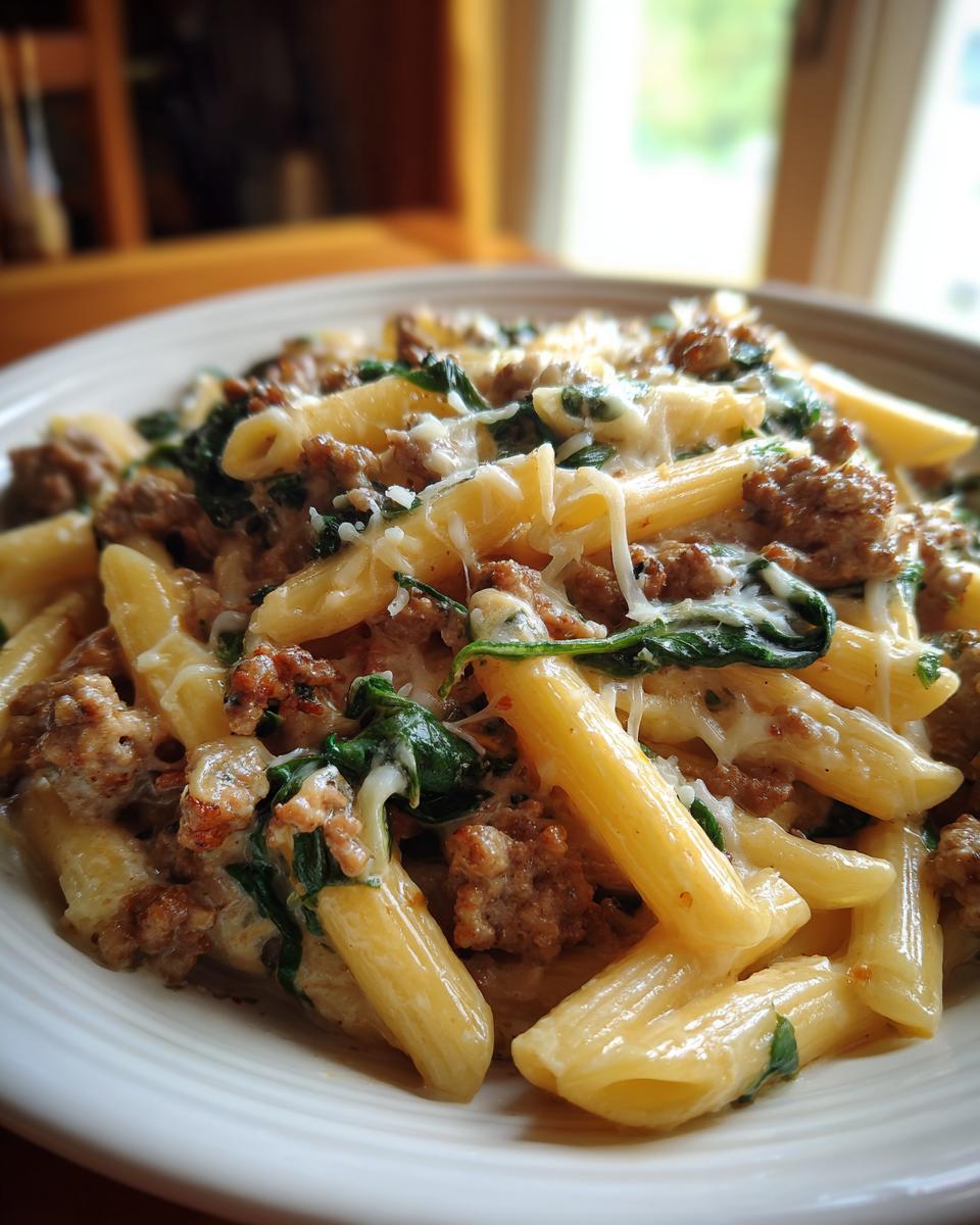 Close-up of a bowl of ground turkey pasta with spinach, coated in a creamy sauce and topped with melted cheese.