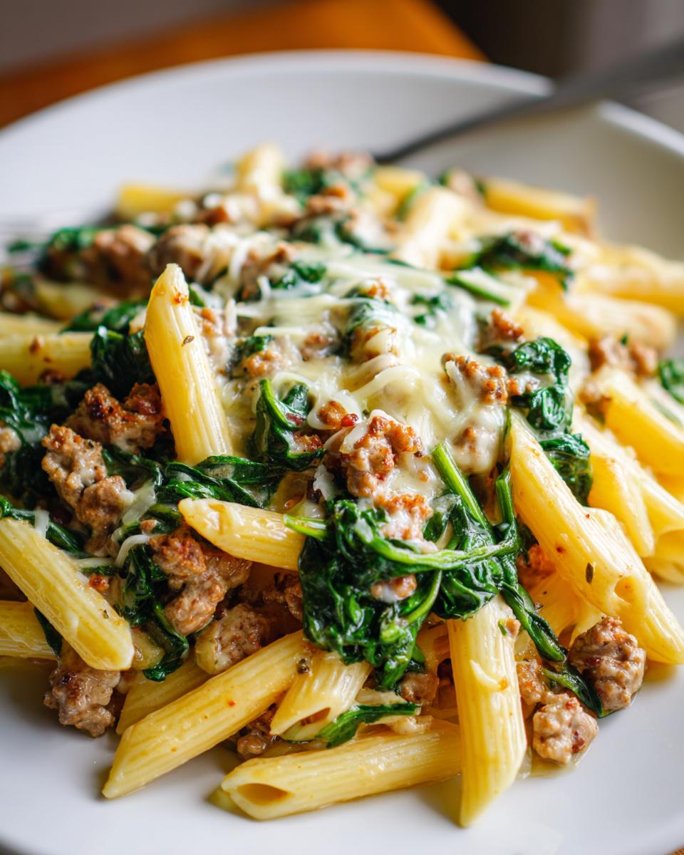 A close-up of penne pasta mixed with ground turkey, wilted spinach, and melted cheese, representing amazing ground turkey pasta.