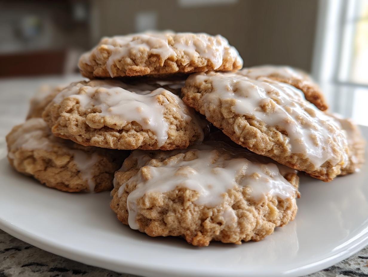 A close-up stack of soft, chewy iced oatmeal cookies topped with a sweet white glaze.
