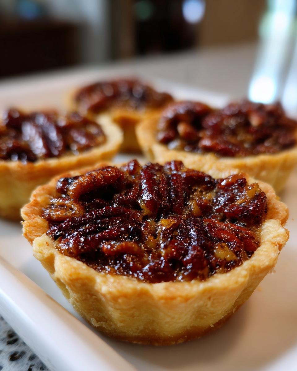 A close-up shot of one perfectly baked mini pecan pie with a glossy, dark caramel filling and pecans.