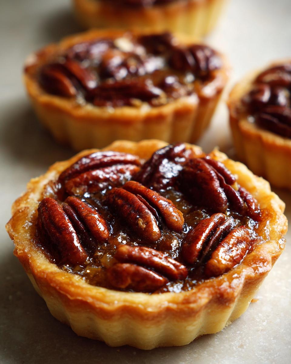 Close-up shot of one perfectly baked mini pecan pie, topped with glossy, whole pecans.