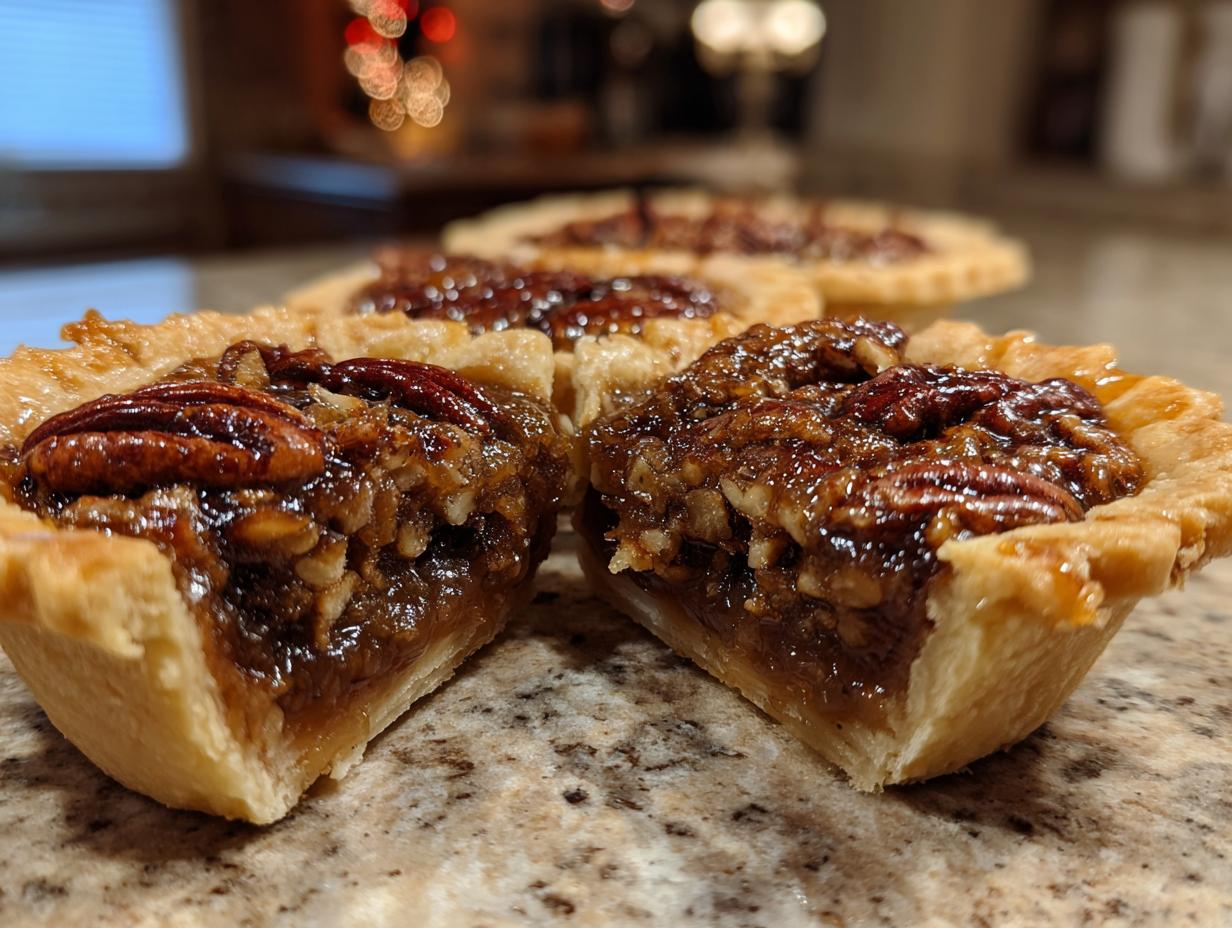 Close-up of a mini pecan pie cut in half showing the gooey filling and pecan topping. Amazing mini pecan pies.