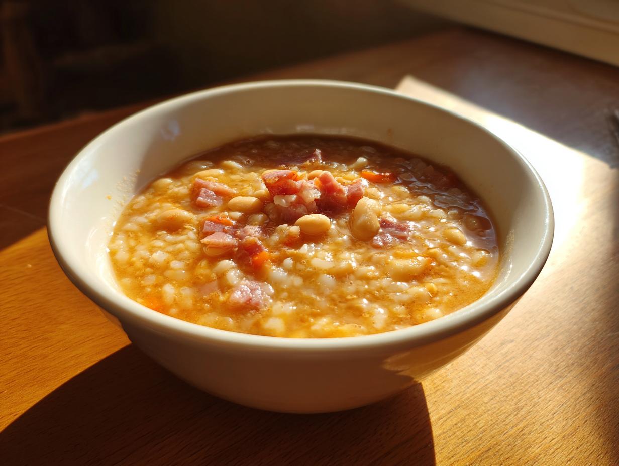 Close-up of a creamy bowl of amazing navy bean soup topped with diced ham and carrots.
