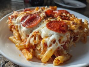 Close-up of a serving of baked pizza casserole with penne pasta, melted mozzarella cheese, and pepperoni slices.