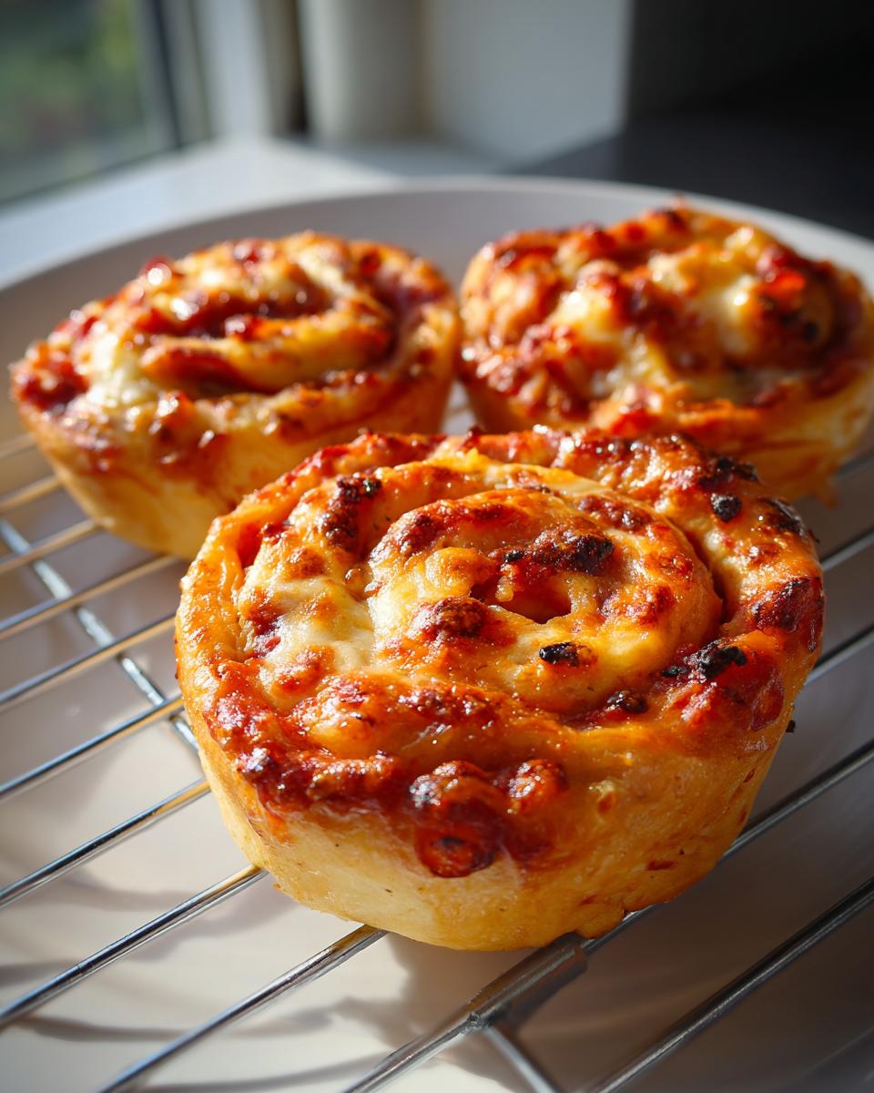 Three golden brown pizza pinwheels with melted cheese and tomato sauce cooling on a wire rack.