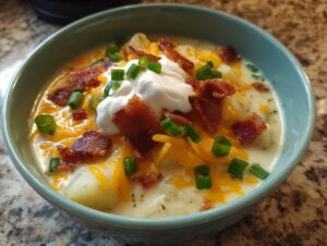 Close-up of a creamy bowl of potato soup recipe topped with cheddar cheese, bacon, sour cream, and green onions.