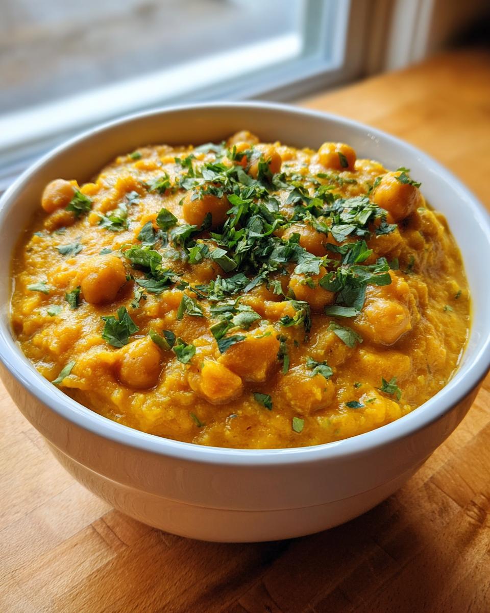 A close-up of a white bowl filled with creamy, orange pumpkin curry featuring chickpeas, topped generously with fresh chopped cilantro.