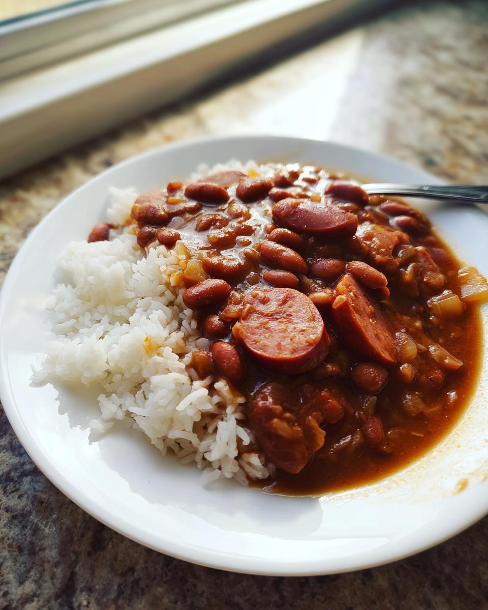 A white plate featuring a serving of amazing red beans and rice topped with sliced smoked sausage.