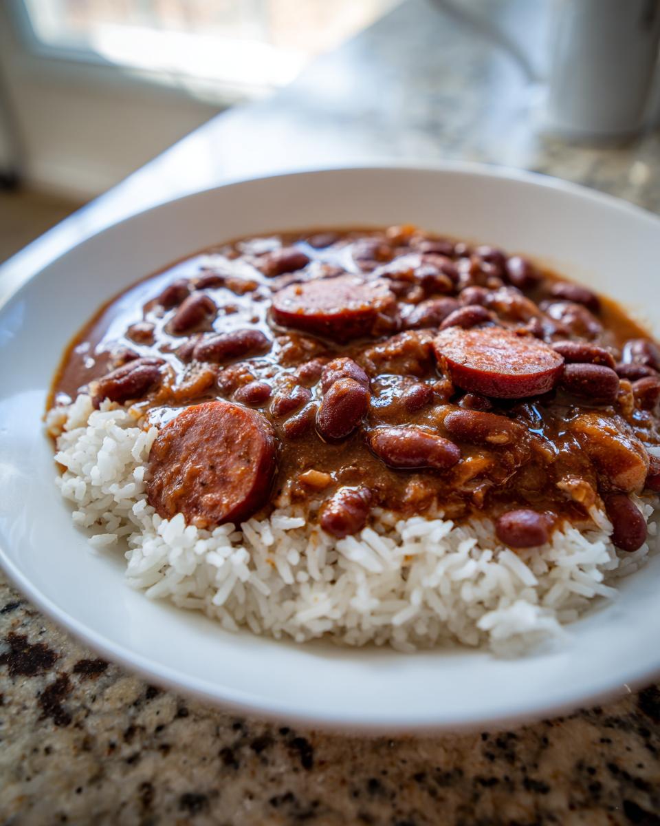 A close-up of a white bowl filled with white rice topped with rich, savory red beans and slices of smoked sausage, classic red beans and rice.